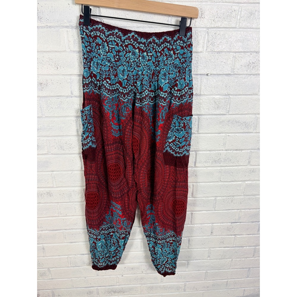 Happy Trunks Harem Pants Womens L Red Blue Elephant Boho Yoga Jogger Hippie